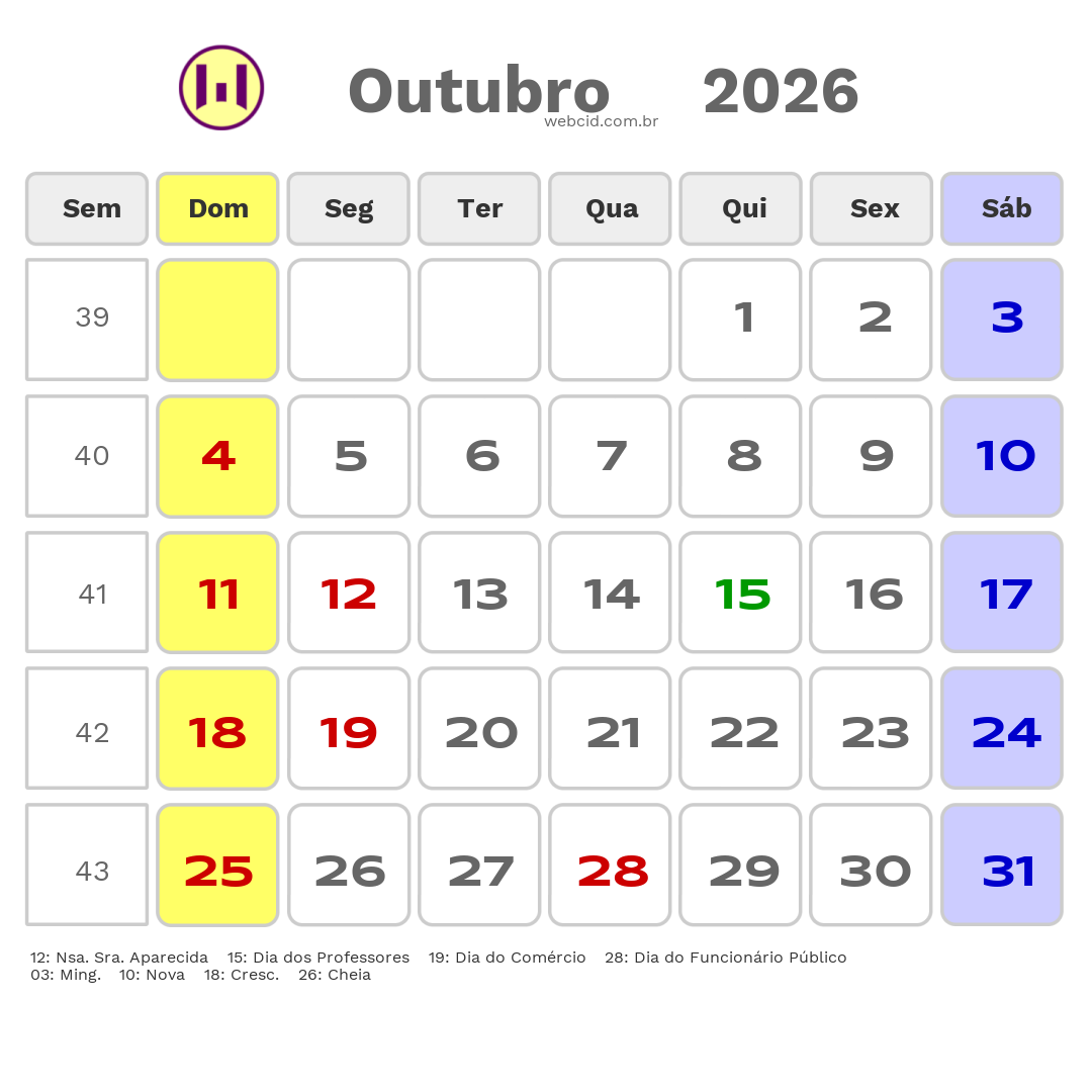 Calendário 2026 - Outubro - São Gonçalo-RJ com feriados e fases da lua