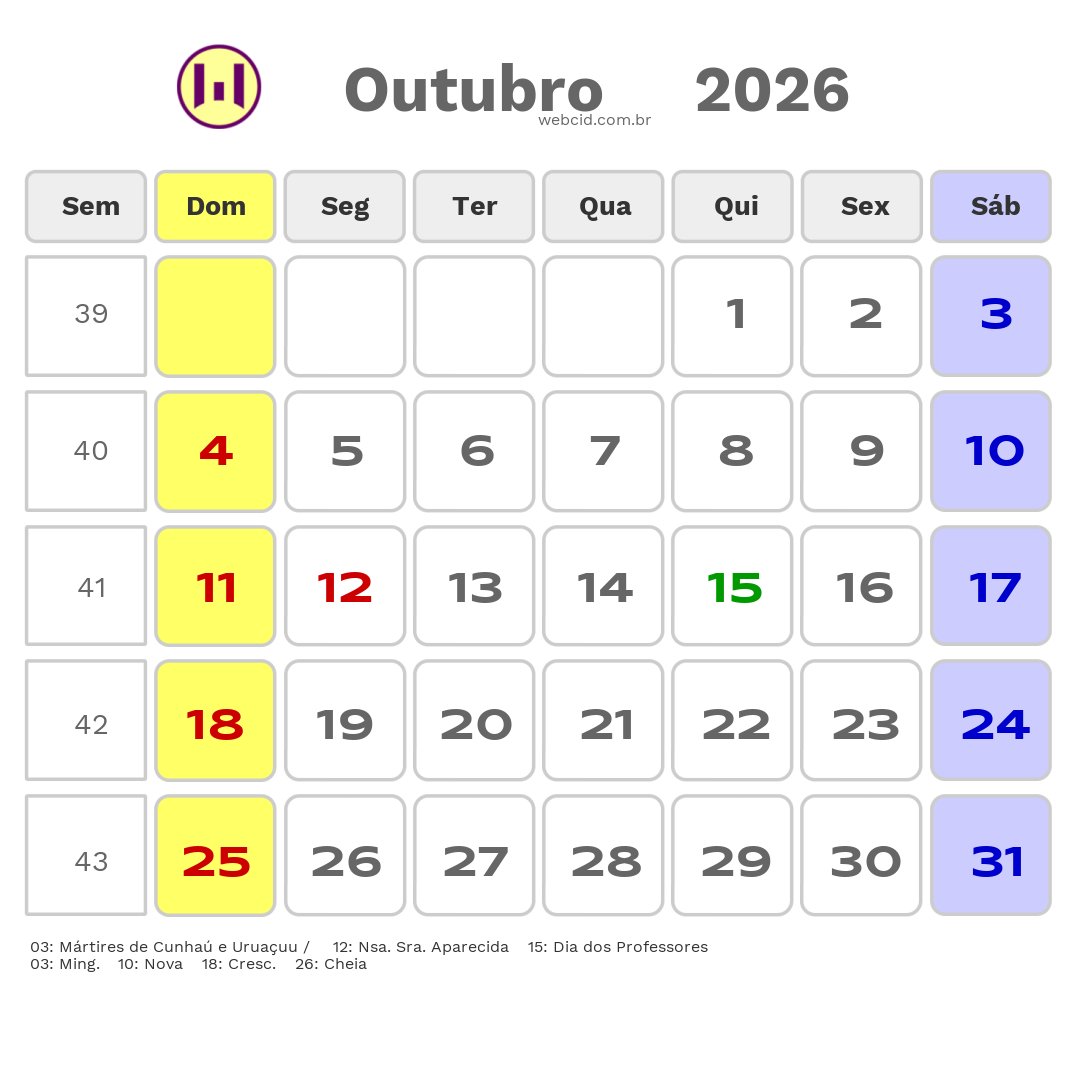 Calendário 2026 - Outubro - Santa Cruz-RN com feriados e fases da lua