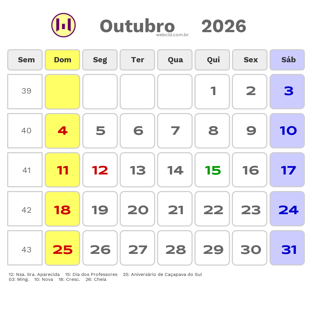 Calendário 2026 - Outubro - Caçapava do Sul-RS com feriados e fases da lua