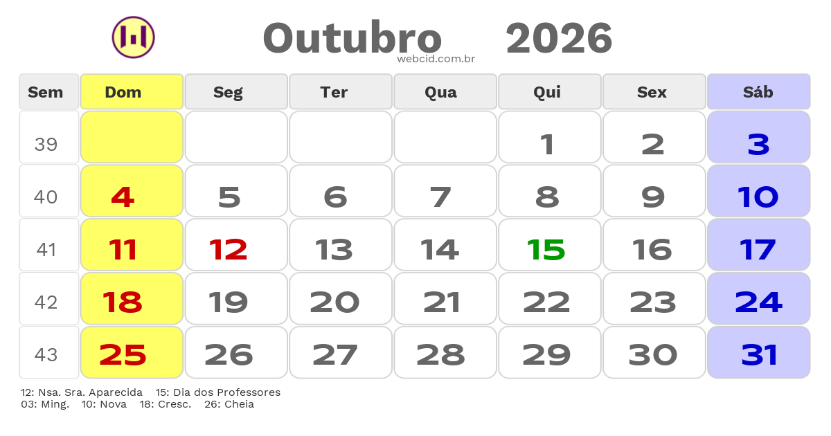 Calendário 2026 - Outubro - Brasil com feriados e fases da lua