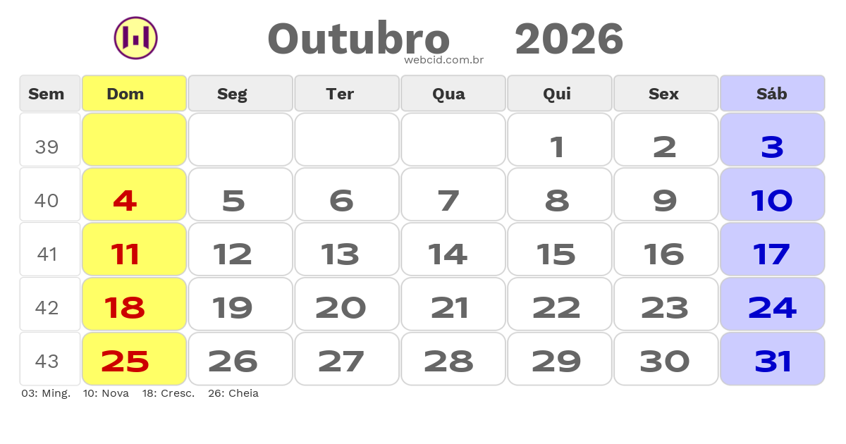 Calendário 2026 - Outubro - Copa do Mundo FIFA com feriados e fases da lua