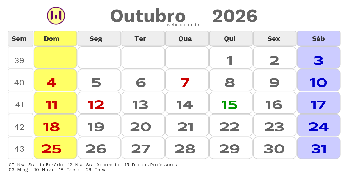 Calendário 2026 - Outubro - Guarantã do Norte-MT com feriados e fases da lua
