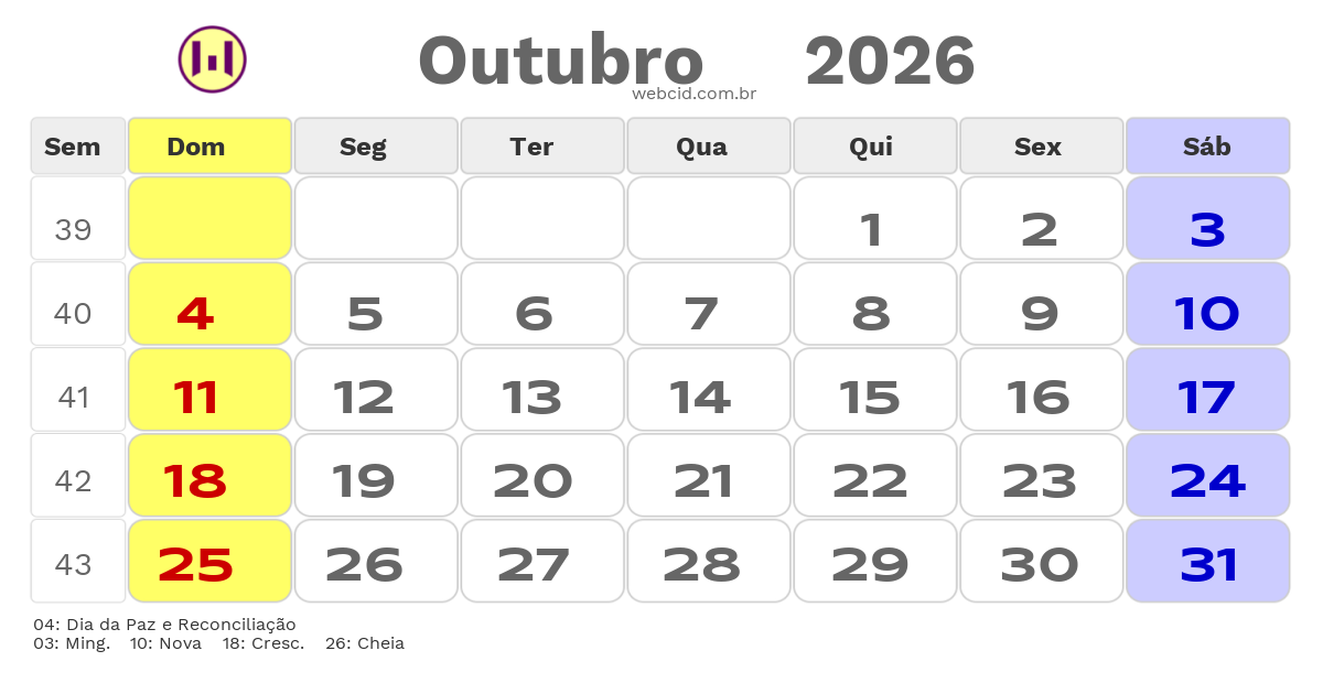 Calendário 2026 - Outubro - Moçambique com feriados e fases da lua