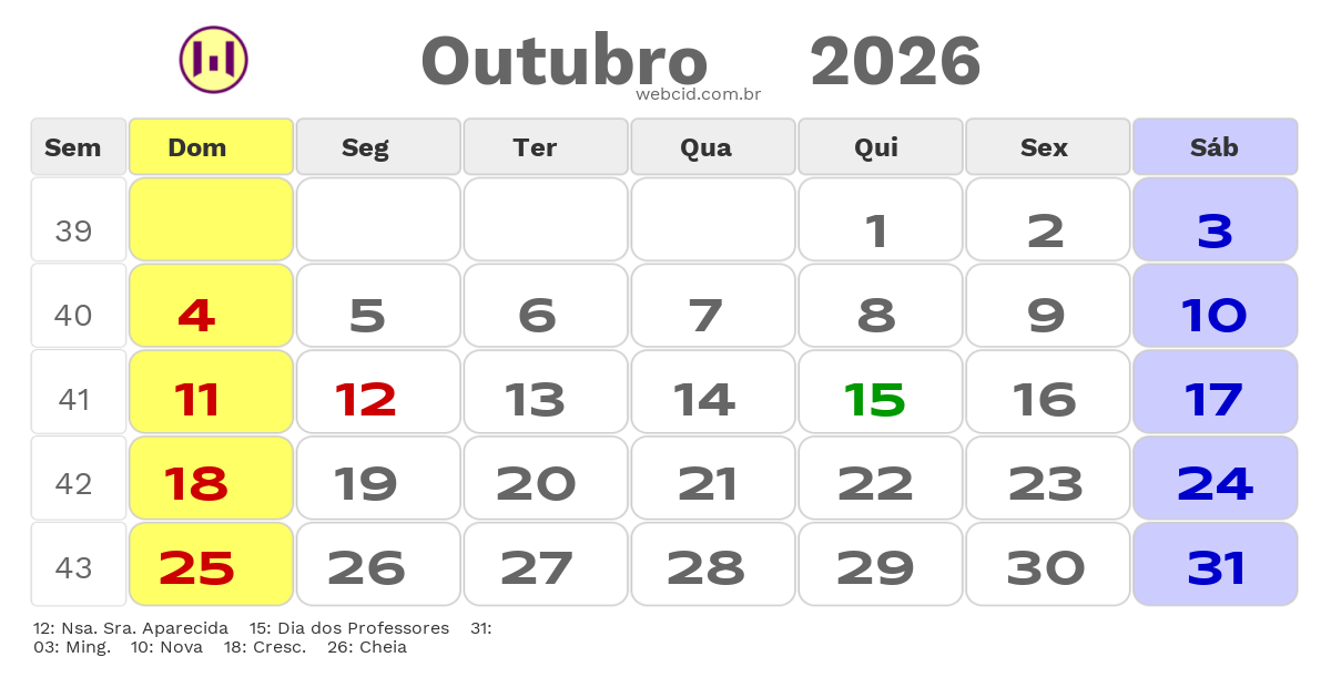 Calendário 2026 - Outubro - Marilandia do Sul-PR com feriados e fases da lua
