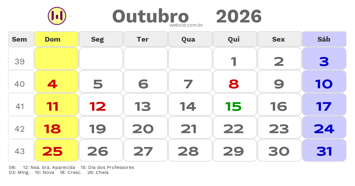 Calendário 2026 - Outubro - Tupassi-PR com feriados e fases da lua