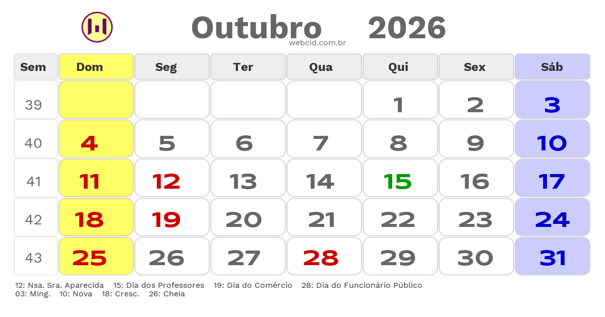 Calendário 2026 - Outubro - Itaperuna-RJ com feriados e fases da lua
