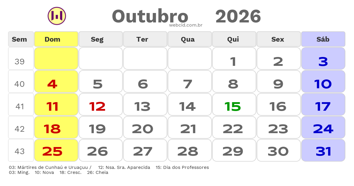 Calendário 2026 - Outubro - Santa Cruz-RN com feriados e fases da lua