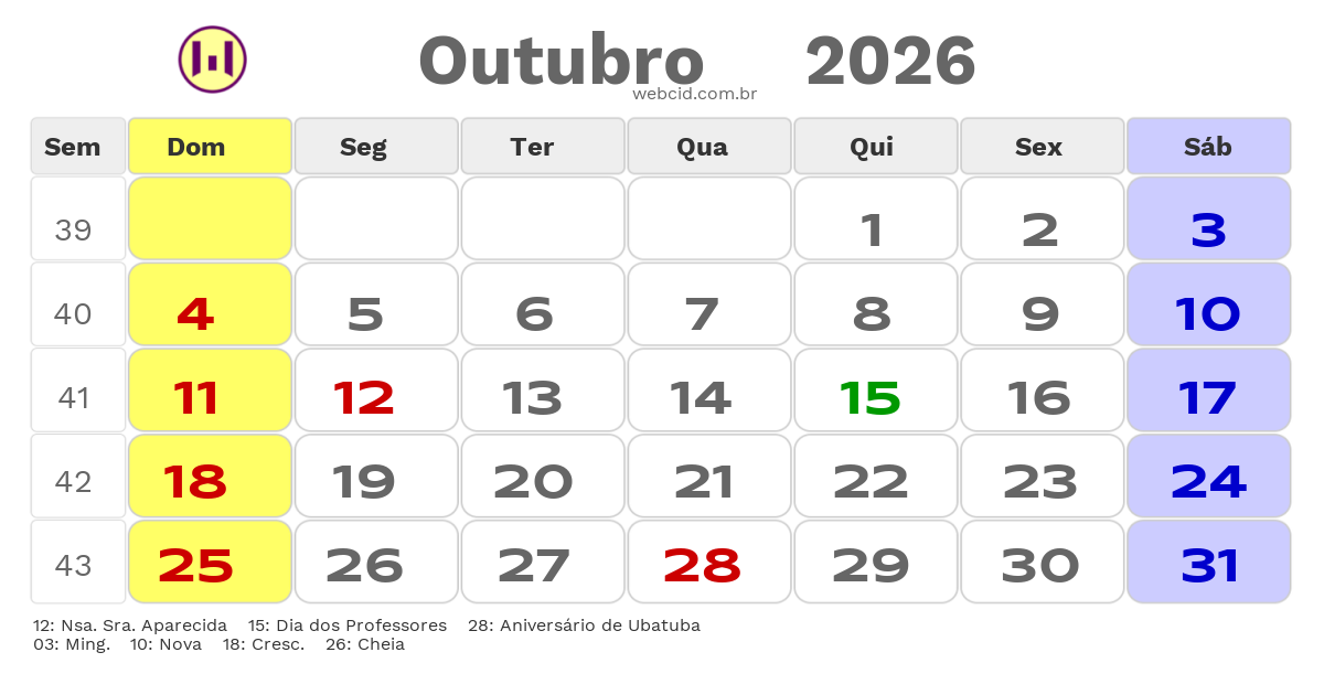 Calendário 2026 - Outubro - Ubatuba-SP com feriados e fases da lua
