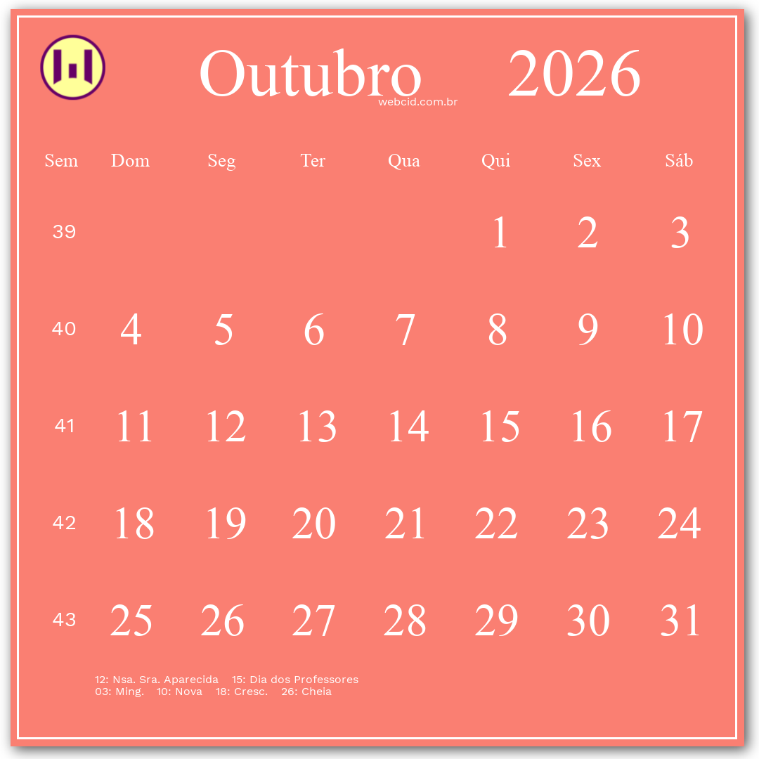 Calendário 2026 - Outubro - Brasil com feriados e fases da lua