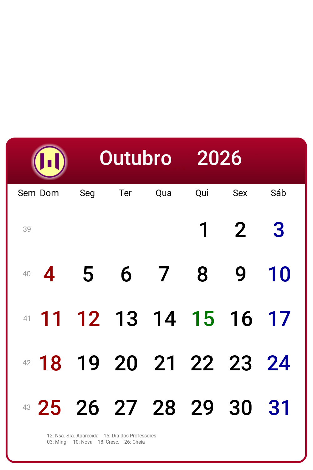 Calendário 2026 - Outubro - Brasil com feriados e fases da lua