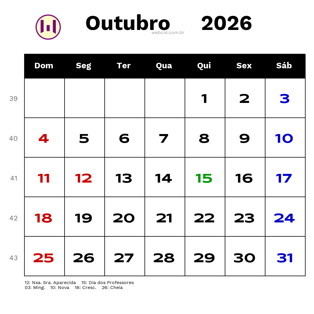 Calendário 2026 - Outubro - Brasil com feriados e fases da lua