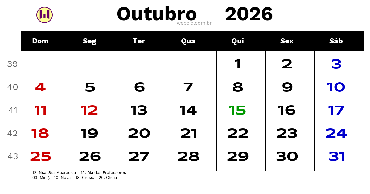 Calendário 2026 - Outubro - Brasil com feriados e fases da lua