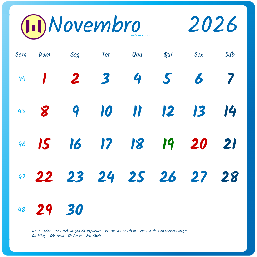 Calendário 2026 - Novembro - Brasil com feriados e fases da lua