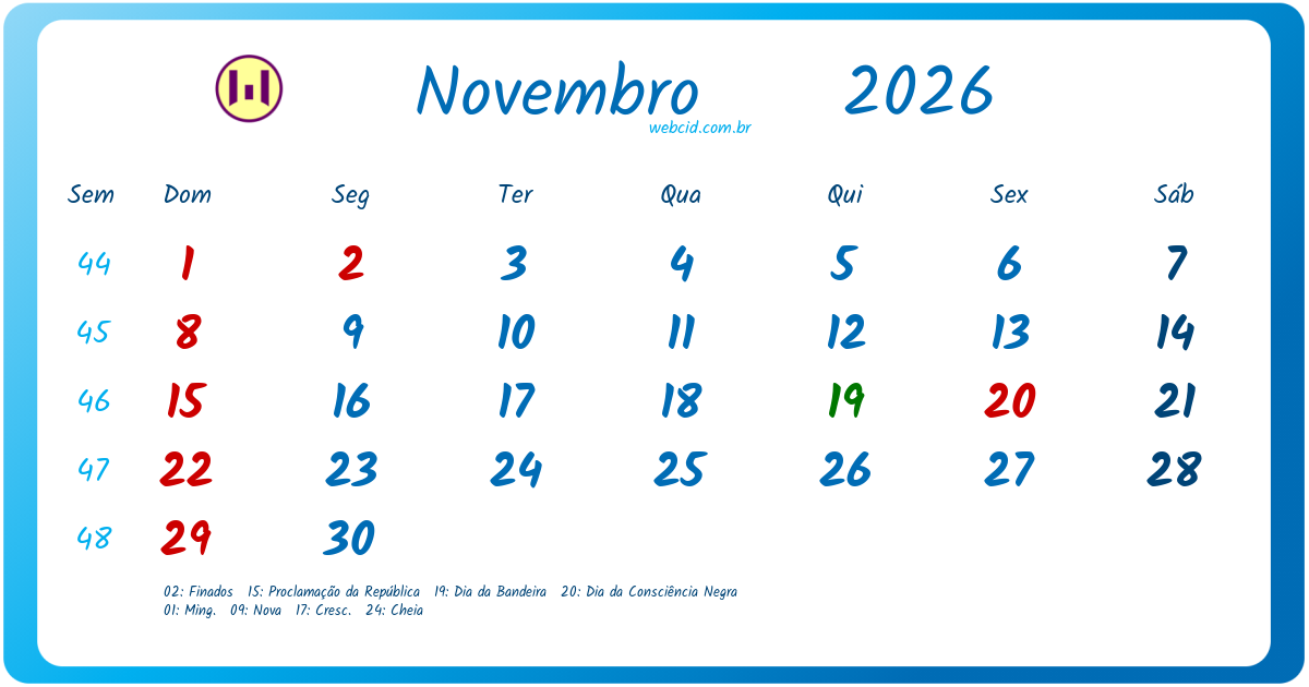 Calendário 2026 - Novembro - Brasil com feriados e fases da lua