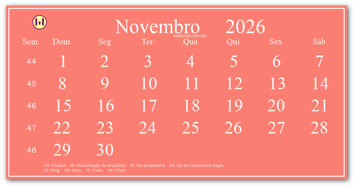 Calendário 2026 - Novembro - Brasil com feriados e fases da lua