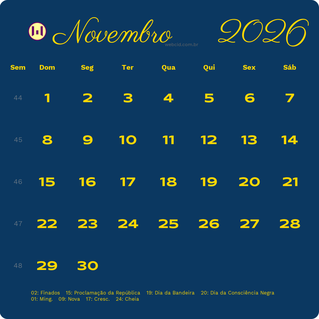 Calendário 2026 - Novembro - Brasil com feriados e fases da lua