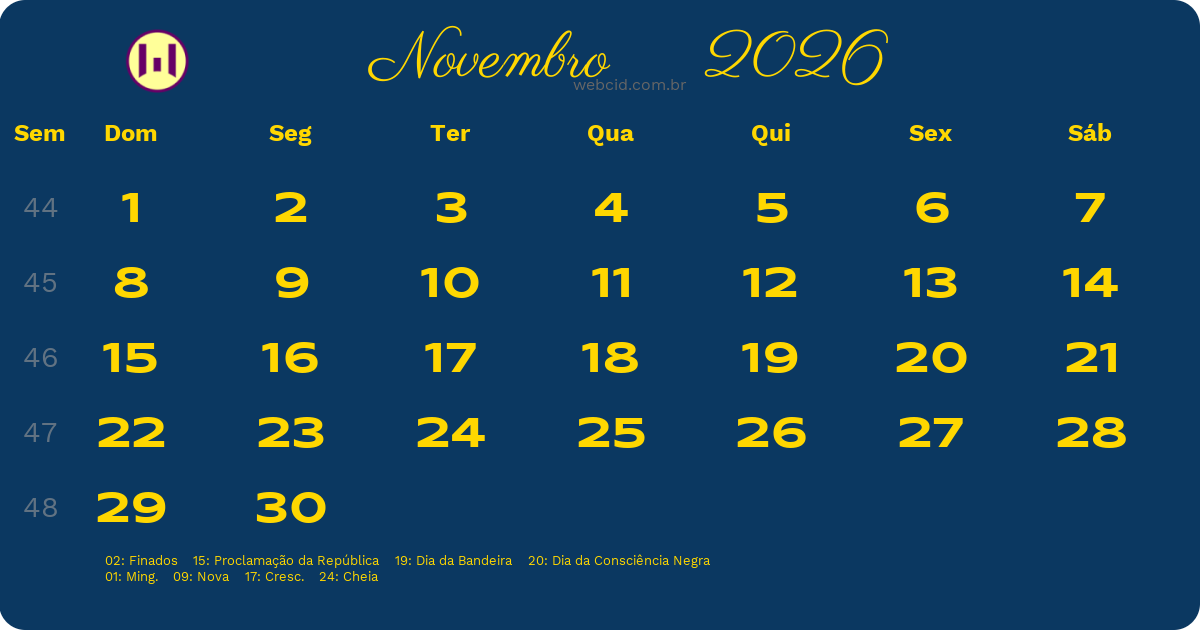 Calendário 2026 - Novembro - Brasil com feriados e fases da lua