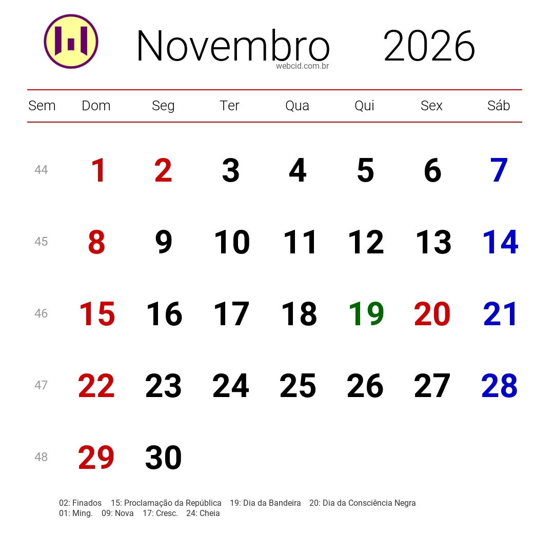 Calendário 2026 - Novembro - Brasil com feriados e fases da lua