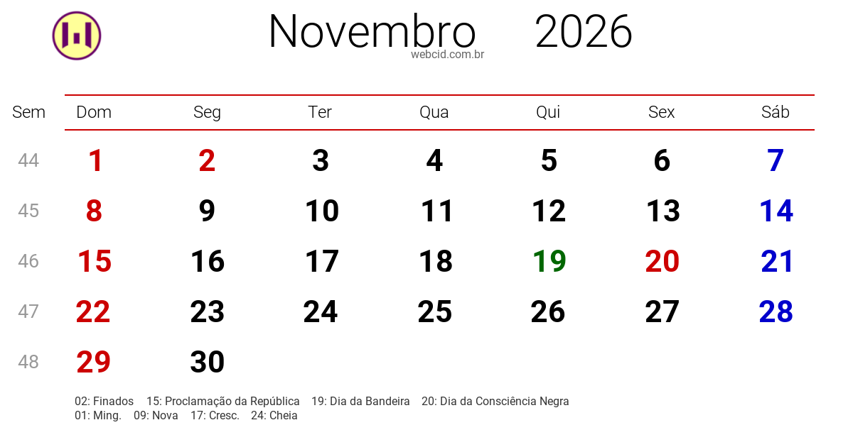 Calendário 2026 - Novembro - Brasil com feriados e fases da lua