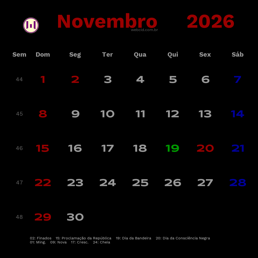 Calendário 2026 - Novembro - Brasil com feriados e fases da lua