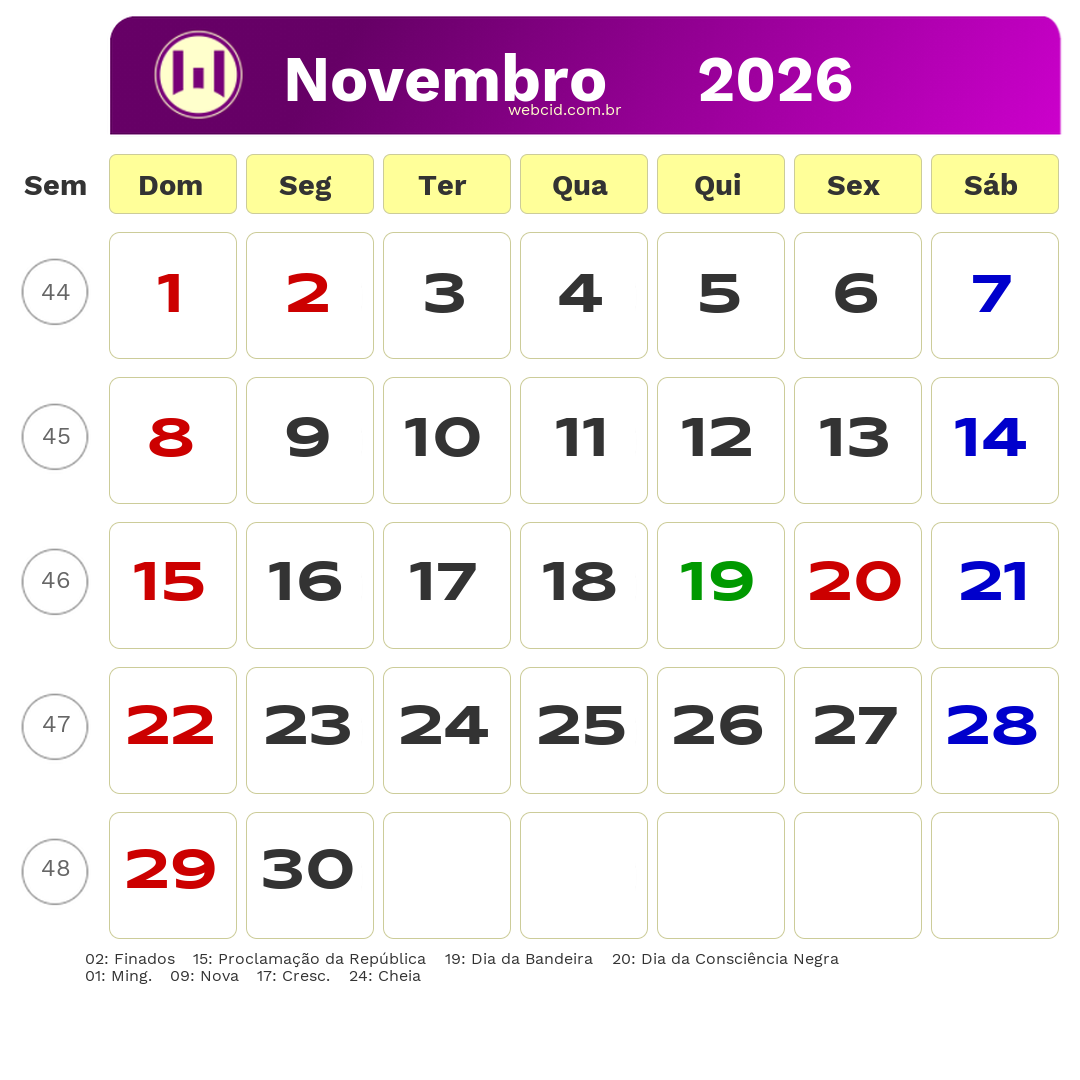 Calendário 2026 - Novembro - Brasil com feriados e fases da lua