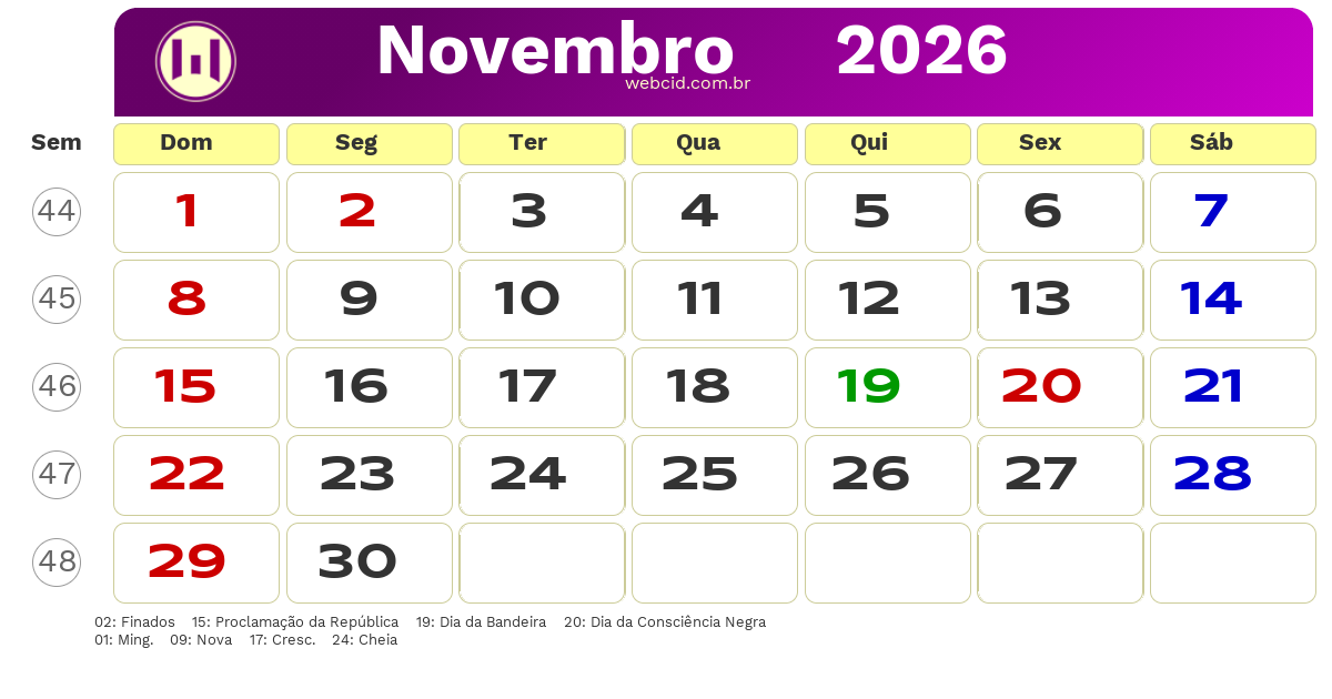 Calendário 2026 - Novembro - Brasil com feriados e fases da lua