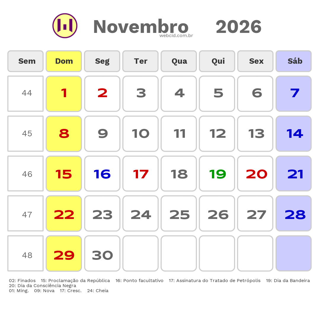 Calendário 2026 - Novembro - Feijó-AC com feriados e fases da lua