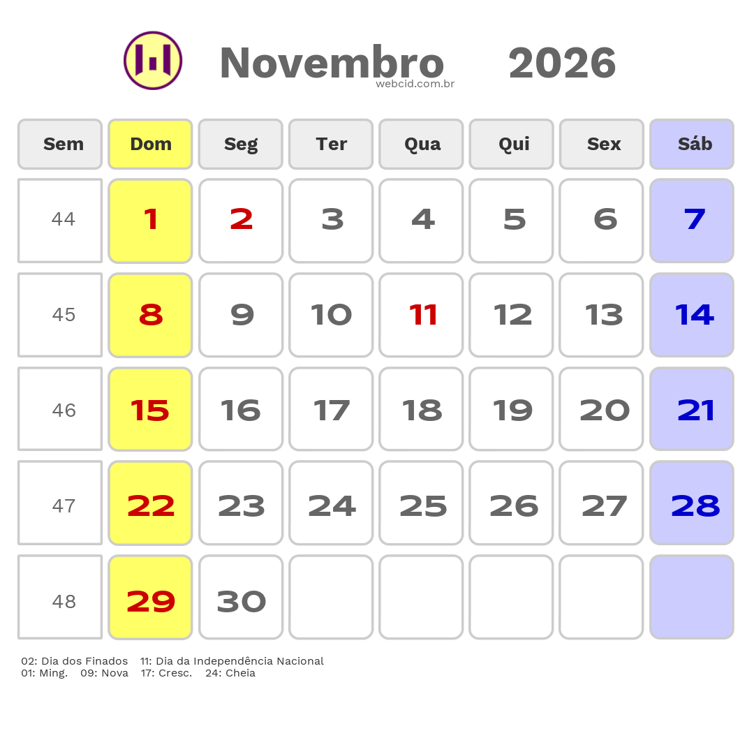 Calendário 2026 - Novembro - Angola com feriados e fases da lua