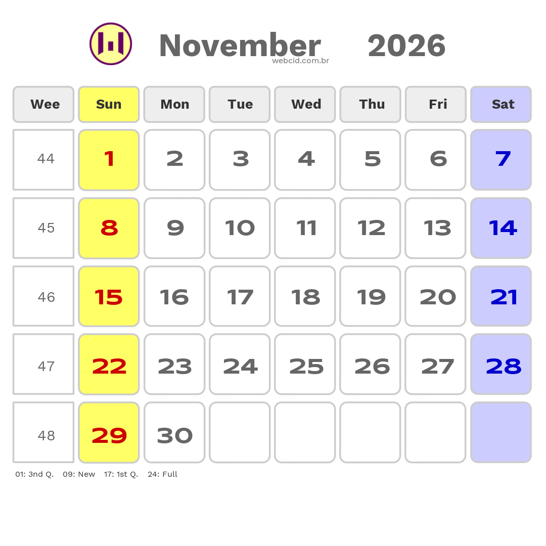 Calendar 2026 - November - Austrália com feriados e fases da lua