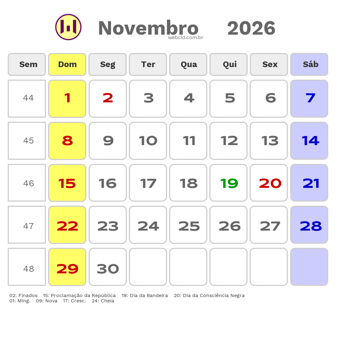 Calendário 2026 - Novembro - Brasil com feriados e fases da lua