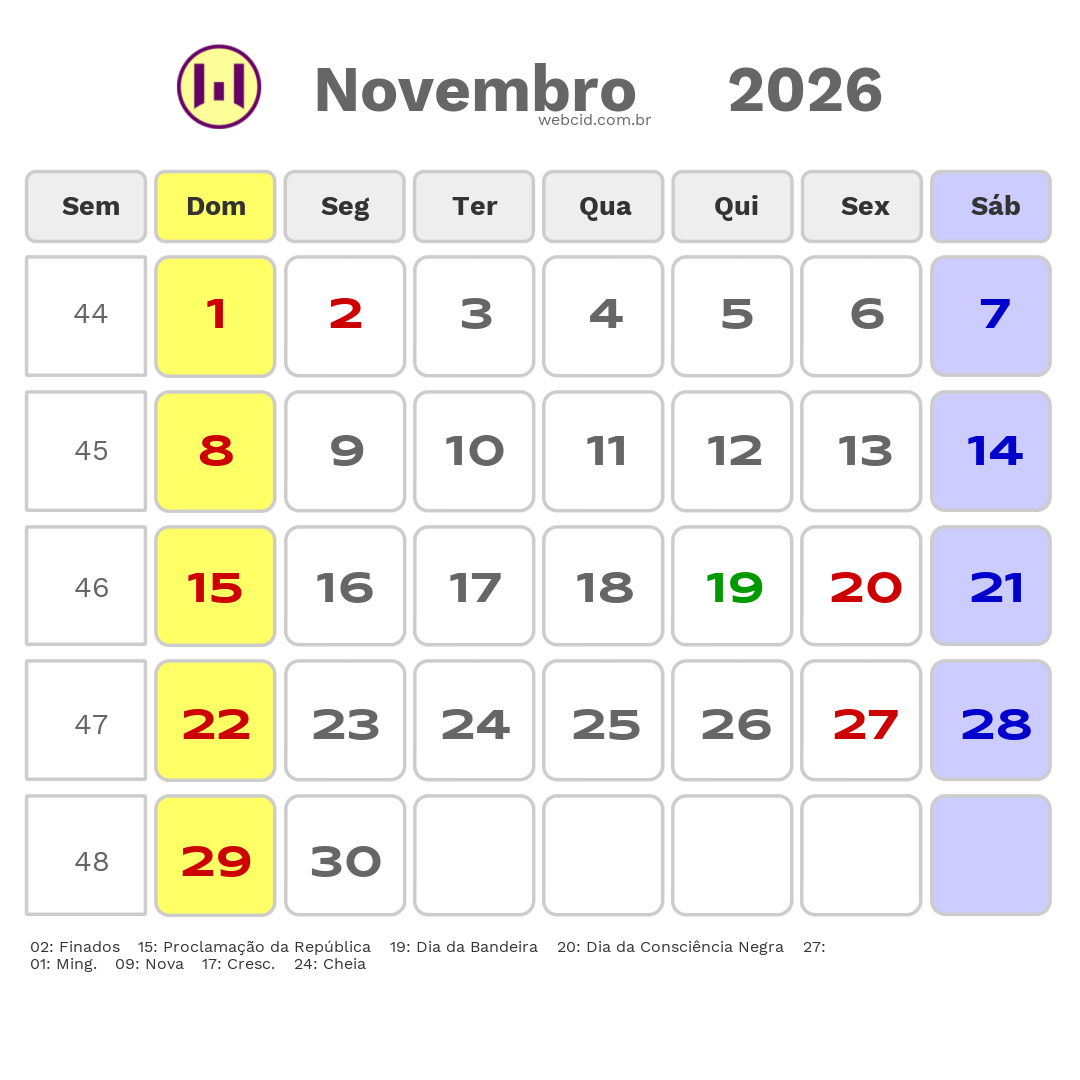 Calendário 2026 - Novembro - Sao Goncalo do Amarante-CE com feriados e fases da lua
