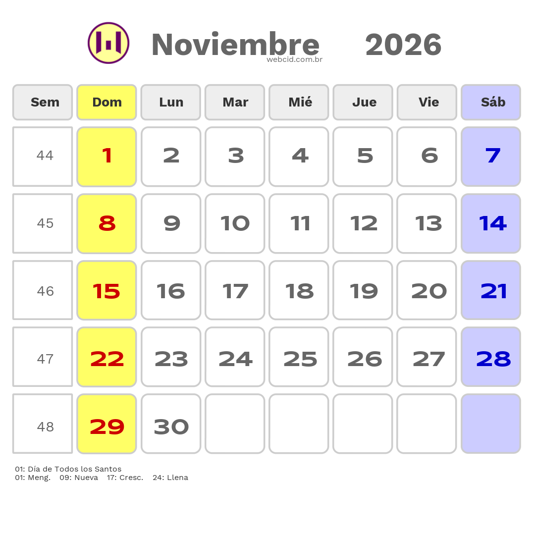 Calendario 2026 - Noviembre - Chile com feriados e fases da lua