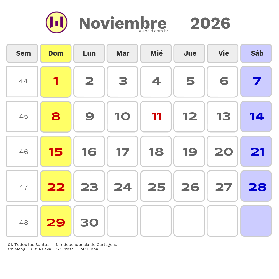 Calendario 2026 - Noviembre - Colômbia com feriados e fases da lua