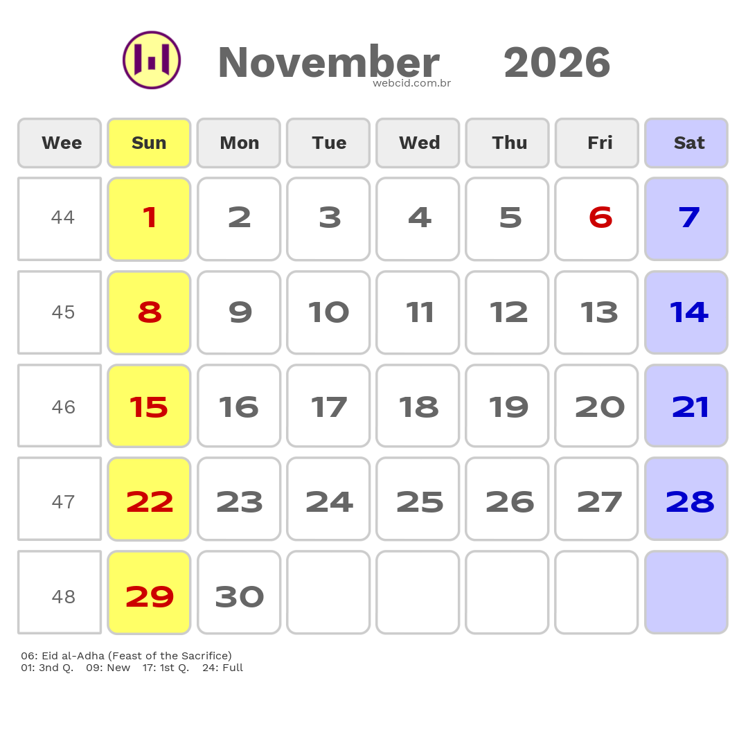 Calendar 2026 - November - Guyana com feriados e fases da lua
