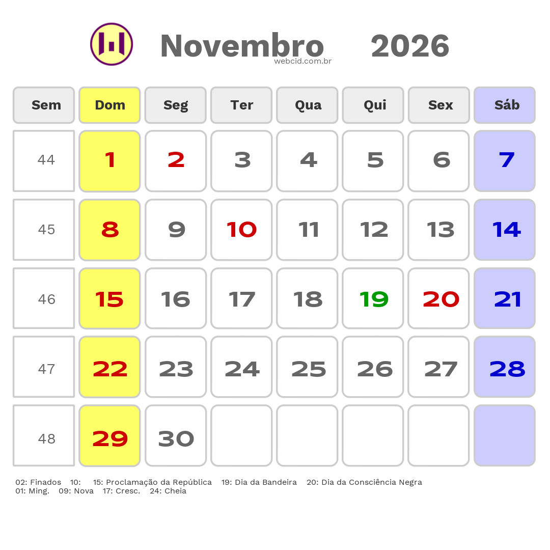 Calendário 2026 - Novembro - Governador Nunes Freire-MA com feriados e fases da lua