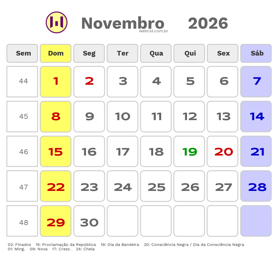 Calendário 2026 - Novembro - Querência-MT com feriados e fases da lua