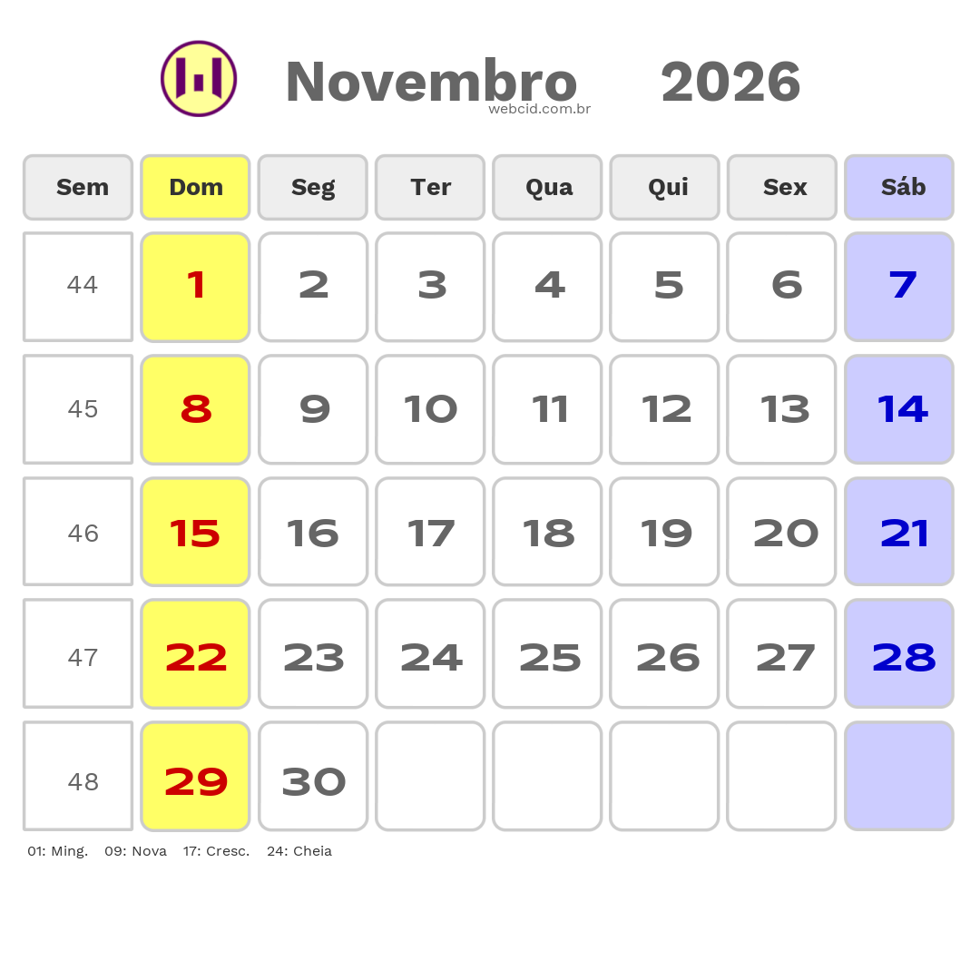 Calendário 2026 - Novembro - Portugal com feriados e fases da lua