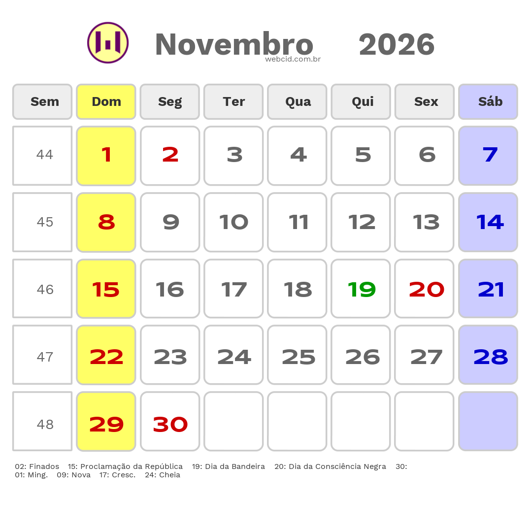 Calendário 2026 - Novembro - Santa Cruz-RN com feriados e fases da lua
