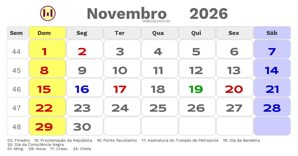 Calendário 2026 - Novembro - Feijó-AC com feriados e fases da lua