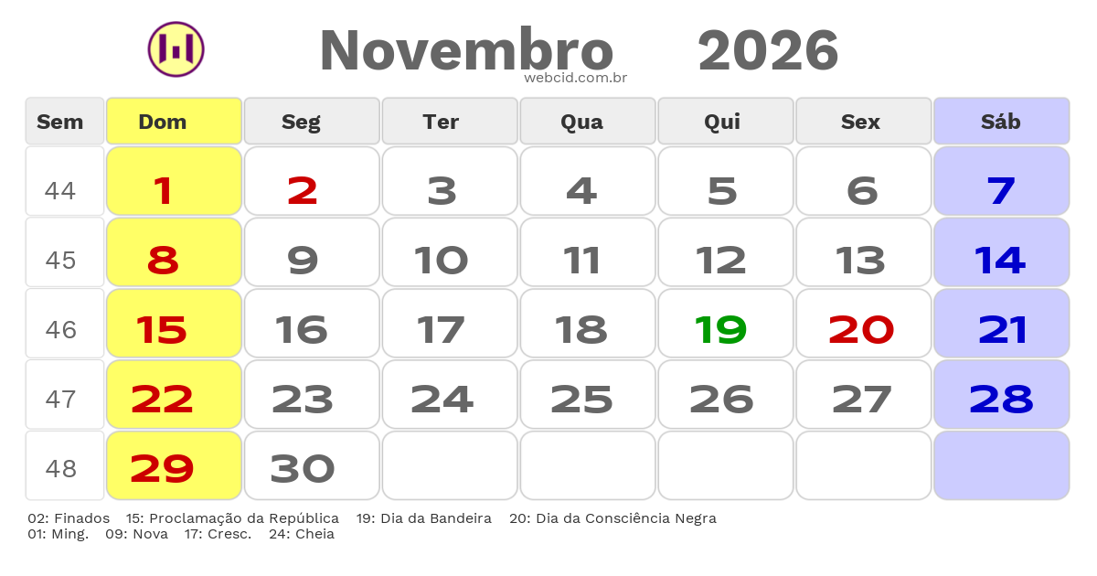 Calendário 2026 - Novembro - Brasil com feriados e fases da lua