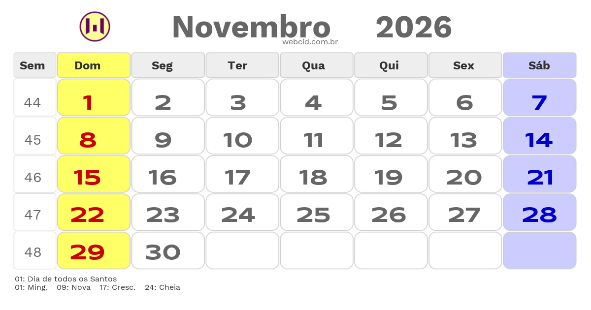 Calendário 2026 - Novembro - Cabo Verde com feriados e fases da lua
