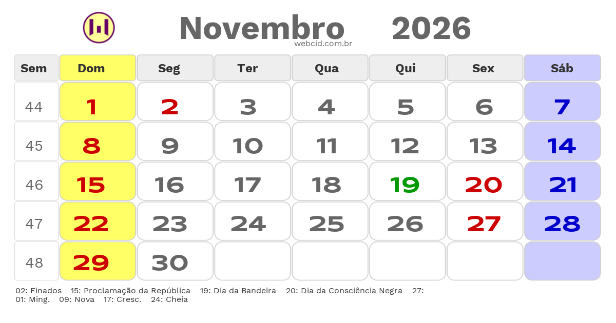 Calendário 2026 - Novembro - Sao Goncalo do Amarante-CE com feriados e fases da lua