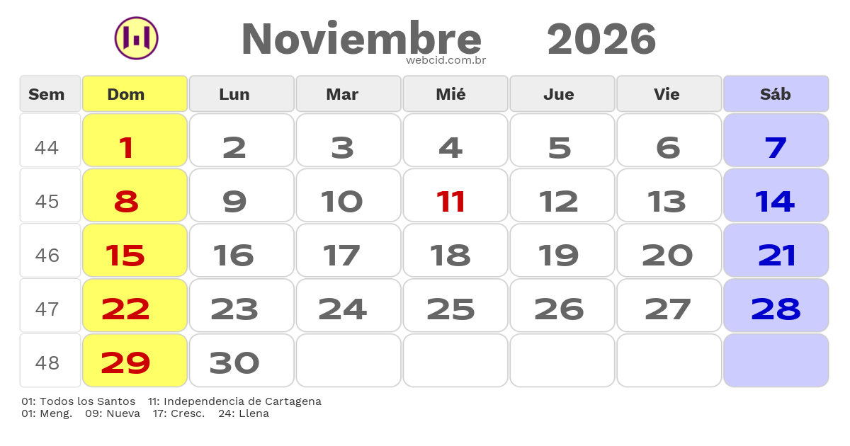 Calendario 2026 - Noviembre - Colômbia com feriados e fases da lua