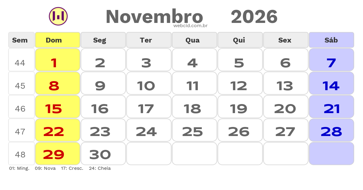 Calendário 2026 - Novembro - Copa do Mundo FIFA com feriados e fases da lua
