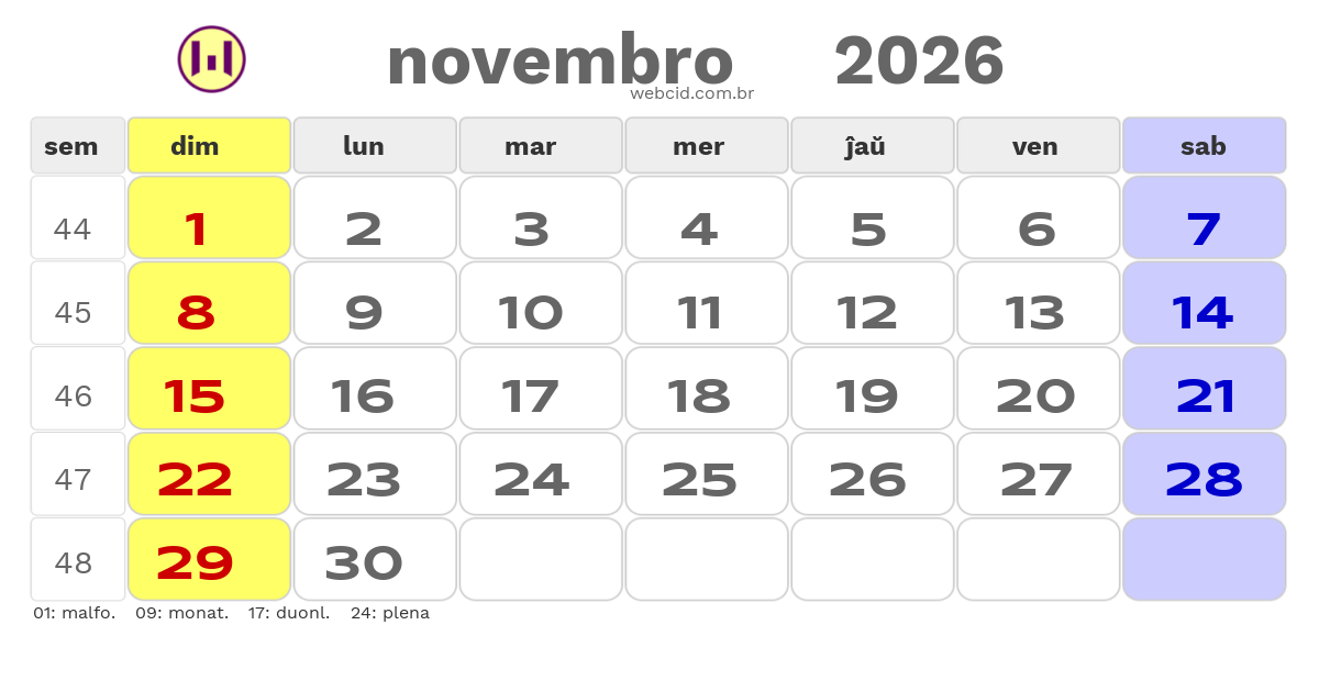 Kalendaro 2026 - novembro - Esperanto-ESPERANTO com feriados e fases da lua