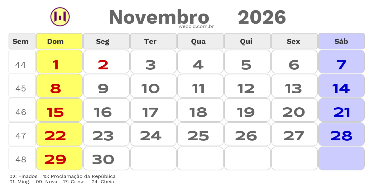 Calendário 2026 - Novembro - Feriados Bancários com feriados e fases da lua