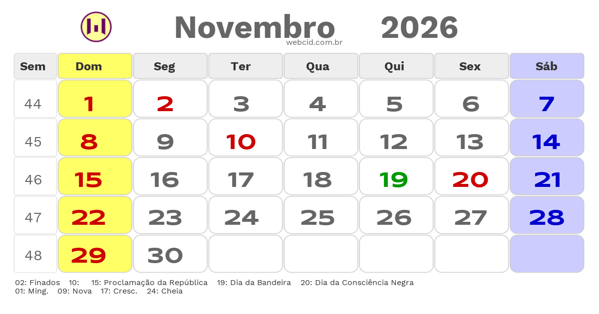 Calendário 2026 - Novembro - Governador Nunes Freire-MA com feriados e fases da lua