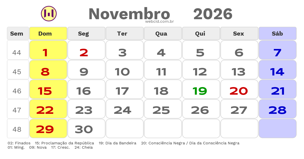 Calendário 2026 - Novembro - Santos-SP com feriados e fases da lua
