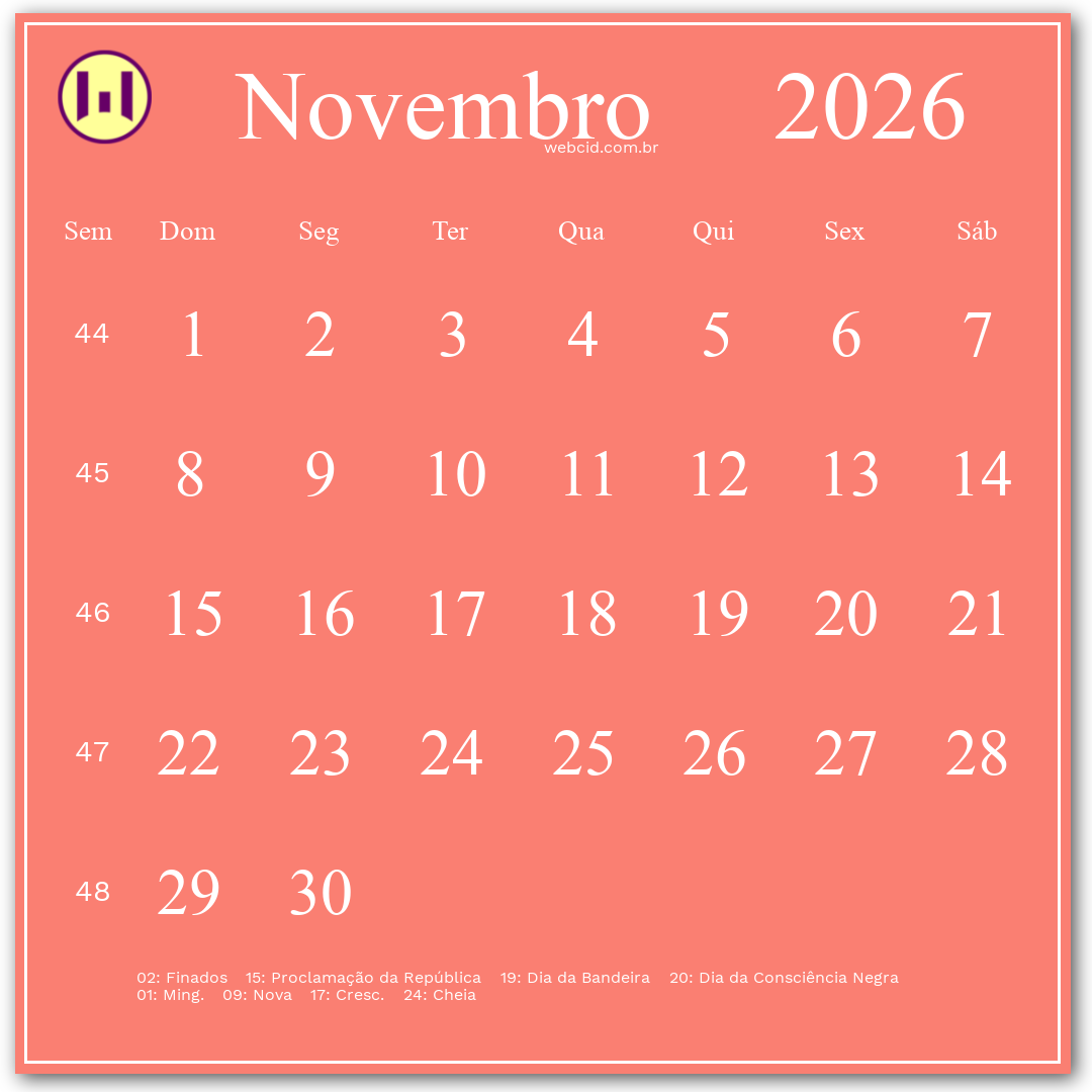 Calendário 2026 - Novembro - Brasil com feriados e fases da lua