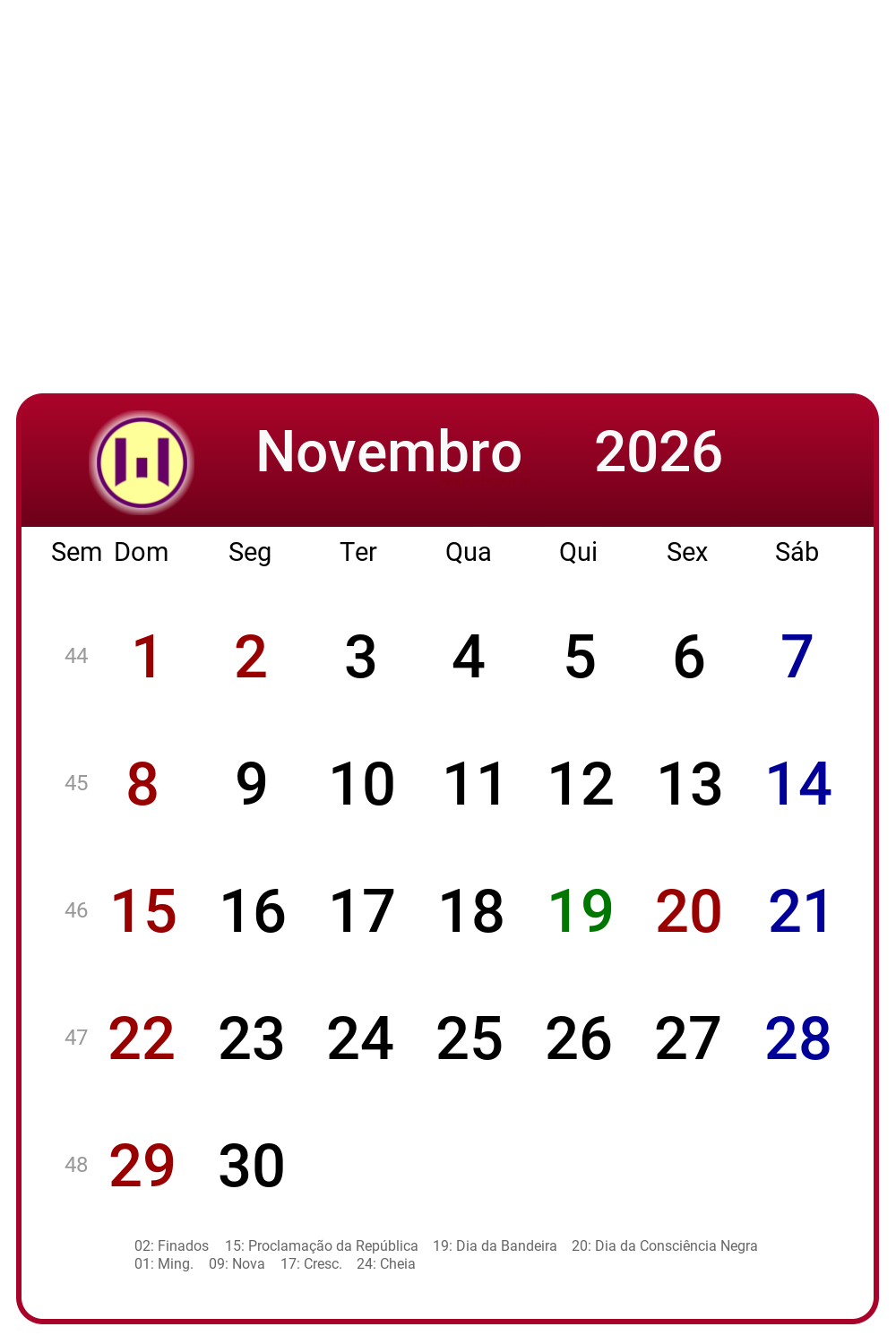 Calendário 2026 - Novembro - Brasil com feriados e fases da lua